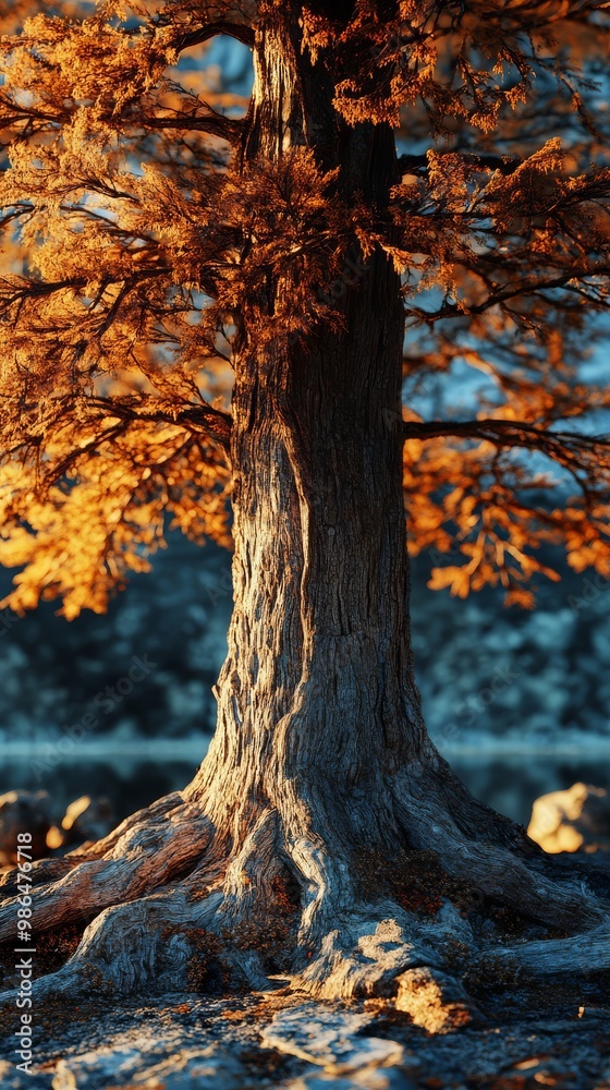 A magnificent Montezuma Cypress showcases its grandeur in the warm embrace of sunlight A magnificent Montezuma Cypress showcases its grandeur in the warm embrace of sunlight