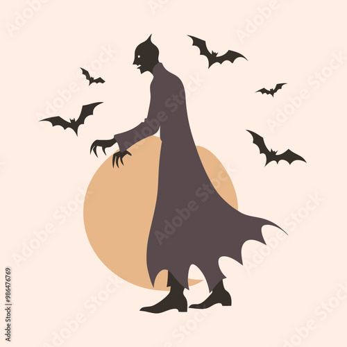 a person dressed up as a vampire. The person is standing,  black silhouette, on a white background