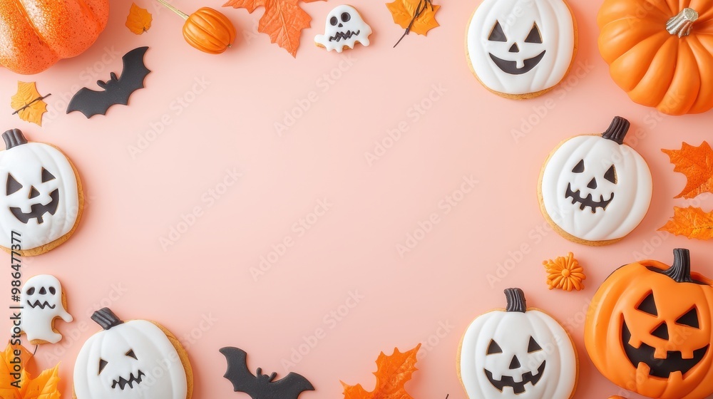 Fototapeta premium Halloween Delight, a flat-lay scene featuring Jack-o'-lantern cookie cutters, eerie decorations, whimsical costumes, inviting viewers to celebrate the festive spirit.