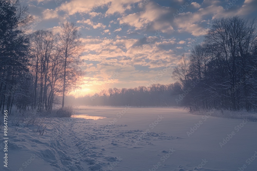 Snow-covered winter landscape with frosted trees and sunrise over mountains, creating a serene and breathtaking nature scene, Ai Generation Snow-covered winter landscape with frosted trees and sunrise over mountains, creating a serene and breathtaking nature scene, Ai Generation