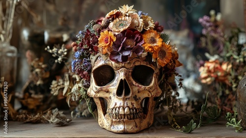 Skull decorated with flowers on the head