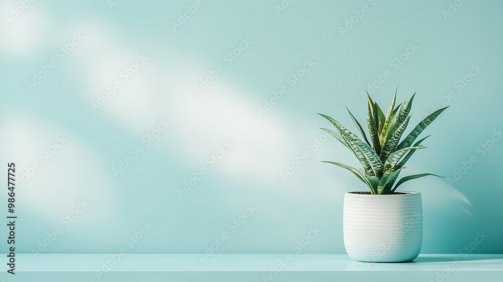 Green potted plant against pastel teal wall, minimalistic indoor decor, fresh and vibrant background, with copy space Green potted plant against pastel teal wall, minimalistic indoor decor, fresh and vibrant background, with copy space