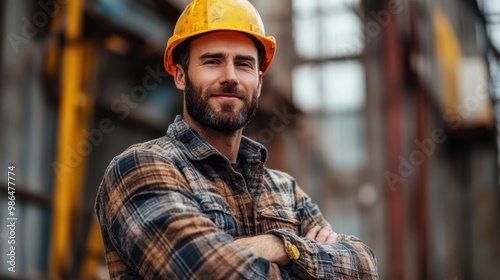 A construction worker in a hard hat confidently poses against a building site background during daylight