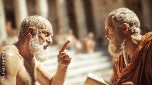 An ancient philosophical debate scene with Greek philosophers in robes