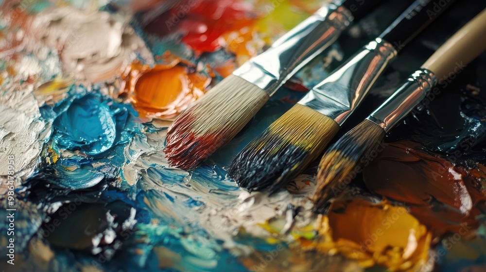 Vibrant Palette of Paints and Brushes Vibrant Palette of Paints and Brushes