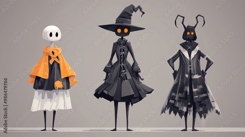 Stylized Halloween characters in costumes: a ghost, a witch, and a spooky figure, in a minimalistic, cartoonish art style. Stylized Halloween characters in costumes: a ghost, a witch, and a spooky figure, in a minimalistic, cartoonish art style.