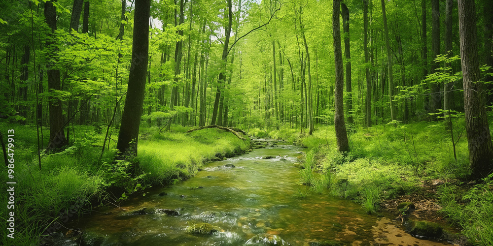A stream of water meandering is running through a lush green forest filled with vibrant vegetation and tall trees.
