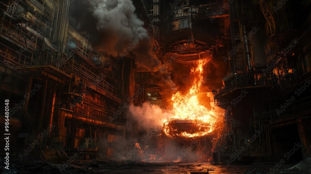 A large furnace emits bright flames while molten metal is poured into a waiting container as thick smoke fills the air inside a massive industrial facility during nighttime operations A large furnace emits bright flames while molten metal is poured into a waiting container as thick smoke fills the air inside a massive industrial facility during nighttime operations