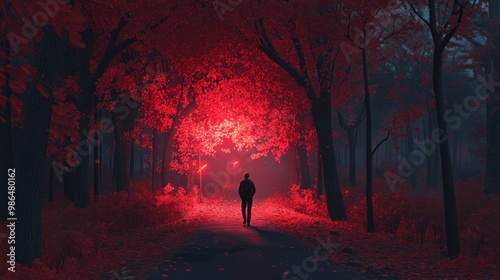 A person strolls along a serene path surrounded by vivid red foliage that glows softly under faint light, creating an enchanting twilight atmosphere in a quiet forest