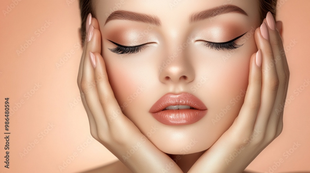A young woman relaxes and embraces a calm moment with her eyes closed, highlighting her perfectly blended makeup featuring soft tones and elegant eyeliner, complemented by smooth skin A young woman relaxes and embraces a calm moment with her eyes closed, highlighting her perfectly blended makeup featuring soft tones and elegant eyeliner, complemented by smooth skin