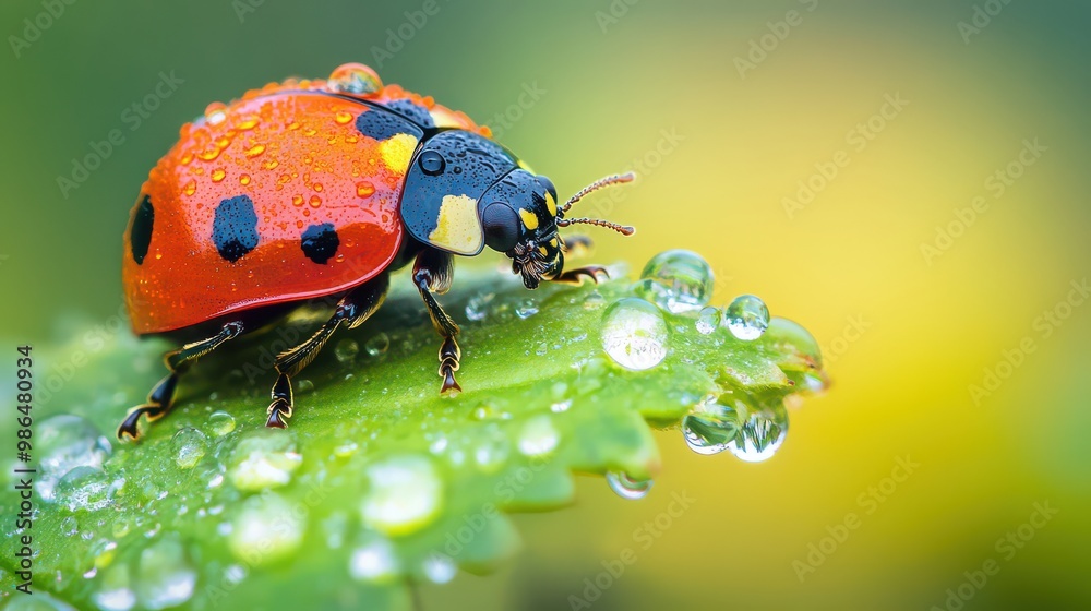 Fototapeta premium Colorful Ladybug on Dewy Green Leaf