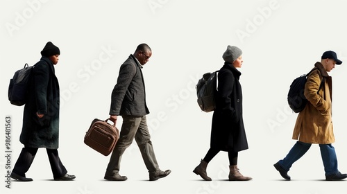 Four individuals walk in a line, each carrying a backpack or briefcase. They embody a mix of professional and casual attire, traversing an urban landscape in the soft twilight glow photo