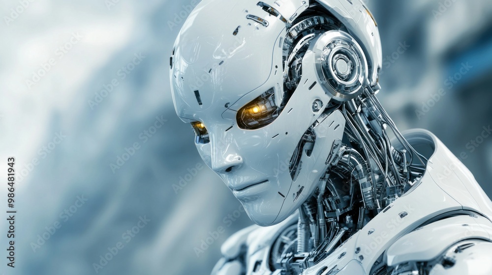 The humanoid robot stands poised, featuring a sleek exterior and glowing golden eyes, highlighting the combination of technology and artistry in a futuristic city background The humanoid robot stands poised, featuring a sleek exterior and glowing golden eyes, highlighting the combination of technology and artistry in a futuristic city background