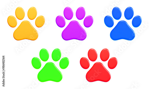 3d set pet paw yellow,purple,blue,green and red colors. Stock vector illustration on isolated background.