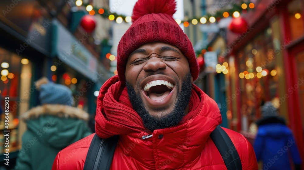 A man in a bright red winter coat and hat joyfully laughs while surrounded by colorful holiday decorations in a lively street market during the winter season A man in a bright red winter coat and hat joyfully laughs while surrounded by colorful holiday decorations in a lively street market during the winter season