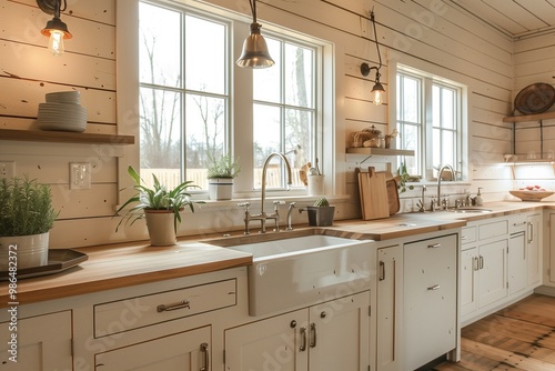 Farmhouse kitchen with shiplap walls, butcher block countertops, and apron sink.