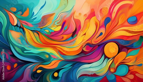 Abstract colorful painting with vibrant hues and organic shapes.
