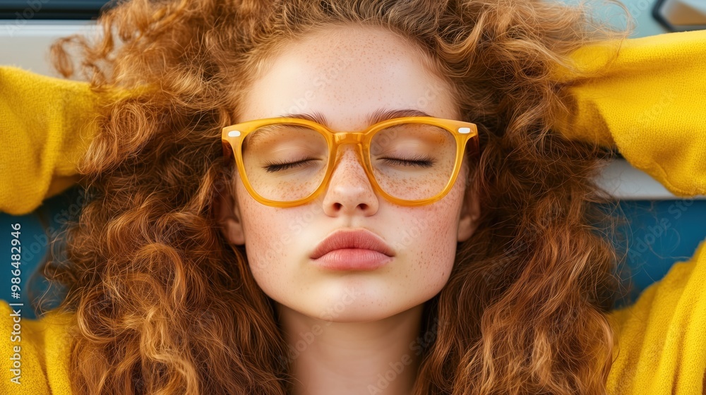 A young woman with curly reddish hair and freckles relaxes by closing her eyes. She wears bright yellow glasses and a matching sweater while enjoying the warm sunlight in the background A young woman with curly reddish hair and freckles relaxes by closing her eyes. She wears bright yellow glasses and a matching sweater while enjoying the warm sunlight in the background