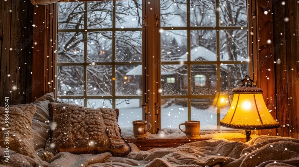 Fototapeta premium A cozy living room with large windows