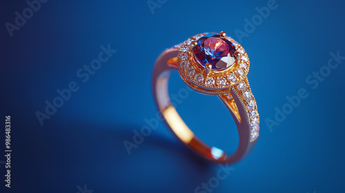 Beautiful gold engagement ring with sapphire and diamonds set against a vivid blue background. This exquisite jewelry was expertly and flawlessly retouched, befitting a jeweler