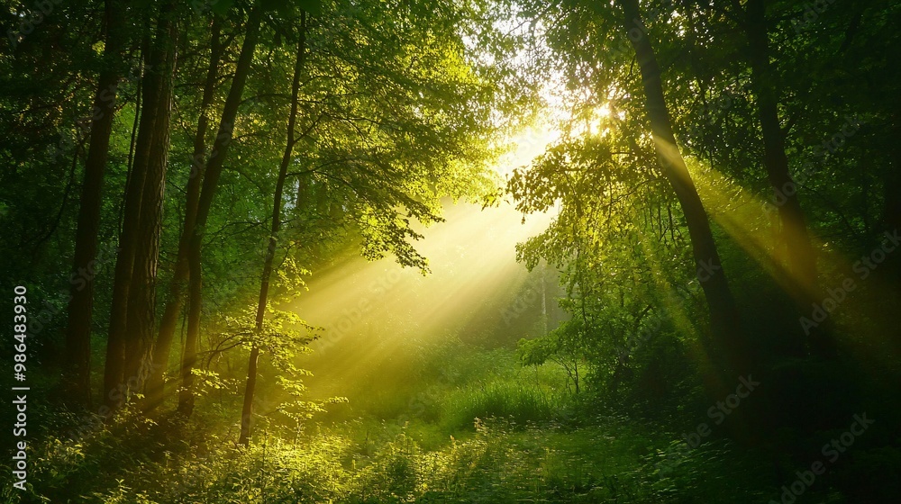 Obraz premium Sunlight Beams Through Dense Forest Canopy