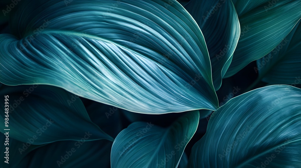 Macro texture of bright blue green tropical leaves from the Spathiphyllum cannifolium plant in a forest setting