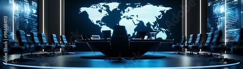 Modern conference room with world map backdrop.