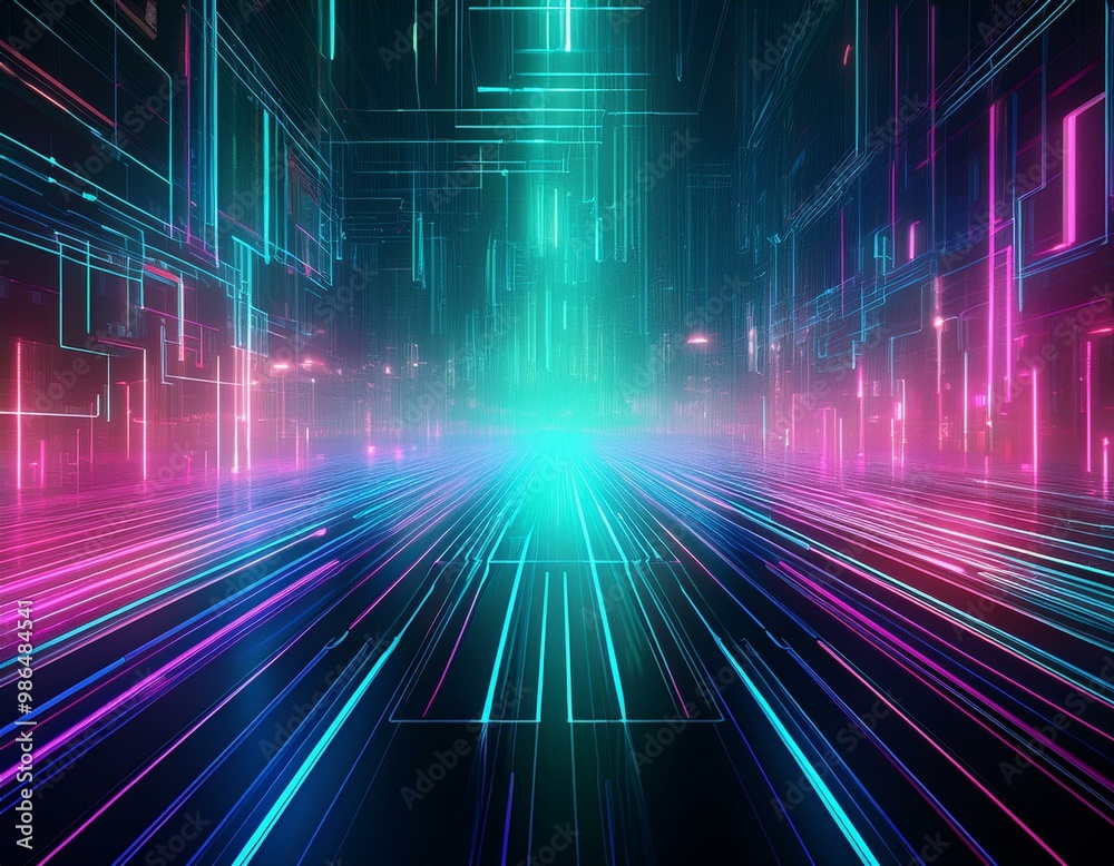Obraz premium Abstract digital background with glowing lines and geometric shapes in vibrant blue, green, and pink colors.