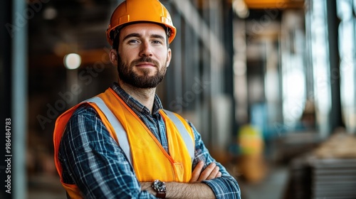 Confident construction worker in safety gear stands with arms crossed at a busy building site during daylight hours