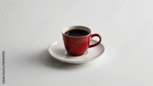 Small red coffee cup on white saucer