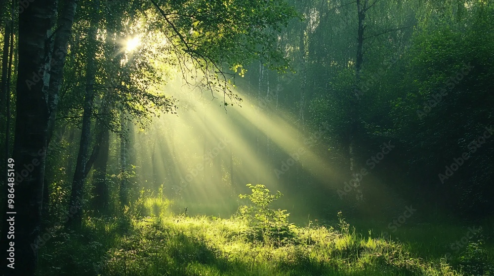 Obraz premium Sunbeams Filtering Through a Dense Forest Canopy