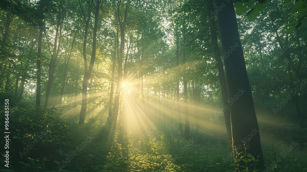 Fototapeta premium Sunlight streaming through a misty forest
