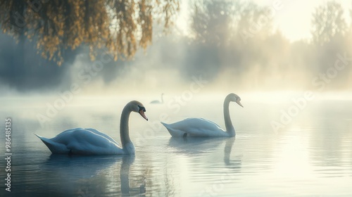Graceful Swans Gliding on a Misty Lake