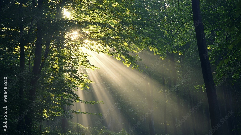Fototapeta premium Sunlight Beams Through Foliage in a Dense Forest