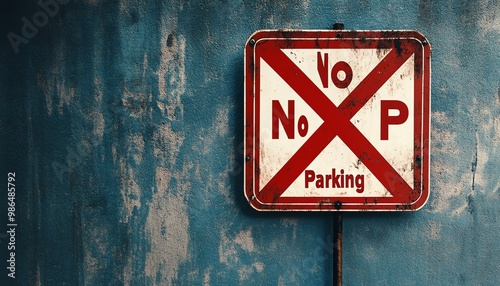 No Parking Sign With Red Diagonal Slash on Old Weathered Wall photo