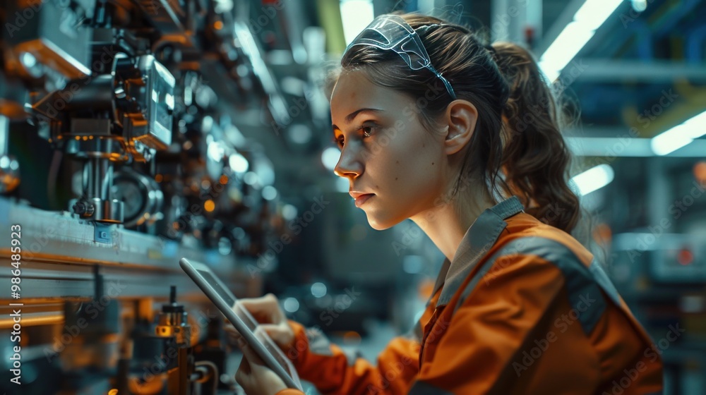 A female engineer in a factory, inspecting a production line with a tablet in hand, surrounded by advanced machinery and robotics. A female engineer in a factory, inspecting a production line with a tablet in hand, surrounded by advanced machinery and robotics.