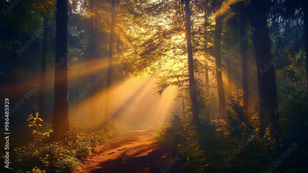 Obraz premium Sunbeams Illuminating a Forest Path Through Mist