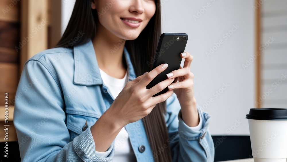 Woman using smartphone at outdoor cafe table Woman using smartphone at outdoor cafe table