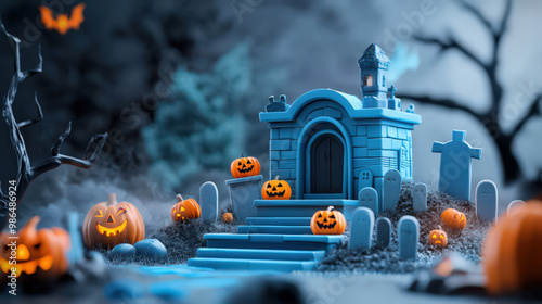 Halloween Graveyard with Jack O Lanterns and Tombstones photo