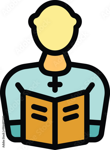 Catholic priest wearing a cassock with a clerical collar is reading from the bible