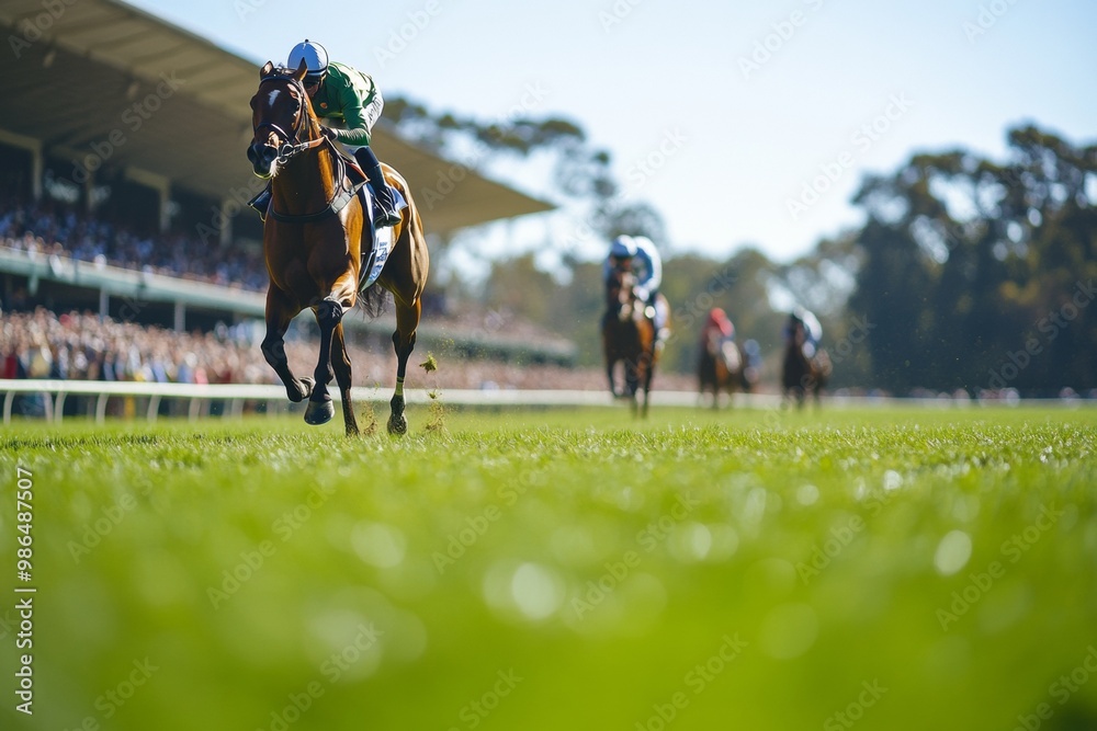 A racehorse leading the pack during a horse race. The dynamic motion and vibrant energy capture the excitement of competitive sports. A racehorse leading the pack during a horse race. The dynamic motion and vibrant energy capture the excitement of competitive sports.