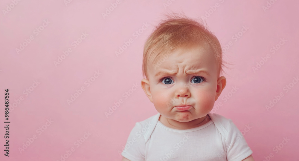A baby making a sad face against a pastel pink background. This expressive image illustrates a range of human emotions and conveys innocence and vulnerability. A baby making a sad face against a pastel pink background. This expressive image illustrates a range of human emotions and conveys innocence and vulnerability.