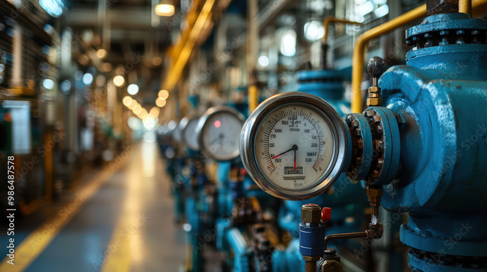 Fototapeta premium Industrial Pressure Gauge and Pipework in Factory Setting