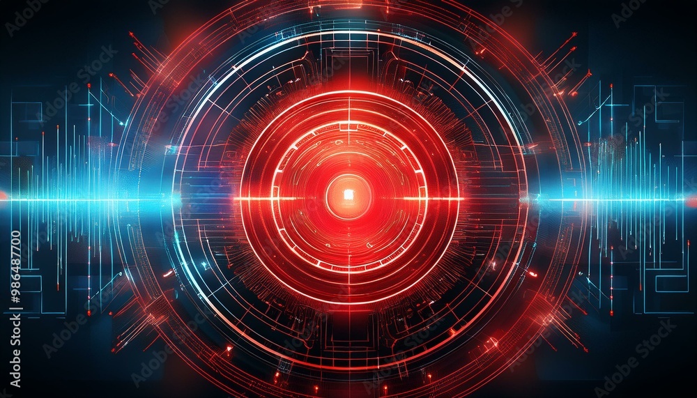 Abstract digital interface with a glowing red circle and data streams. Abstract digital interface with a glowing red circle and data streams.
