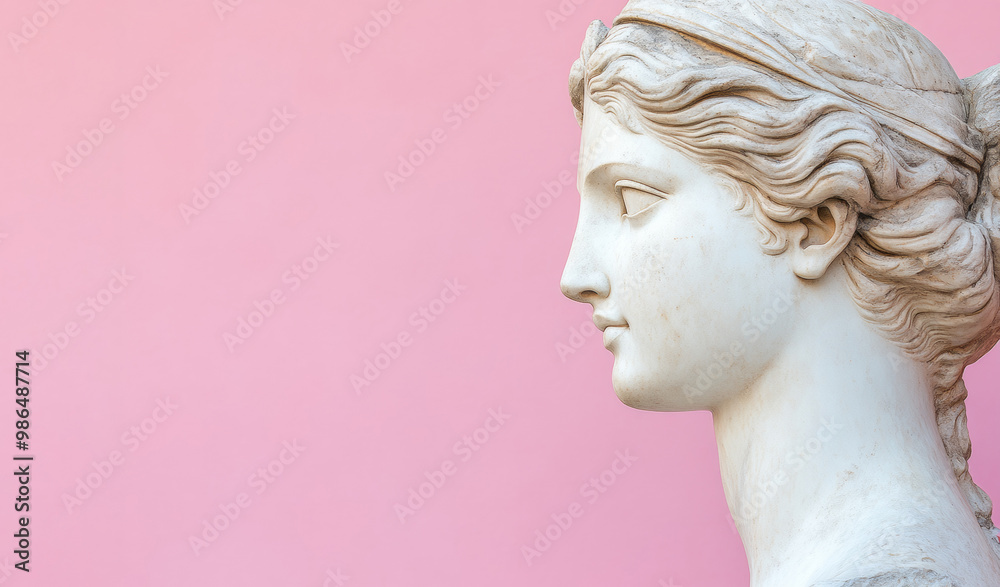 Obraz premium A classical white marble statue of a woman against a pastel pink background. The image is a fusion of classical art and modern minimalism, ideal for creative and artistic projects.