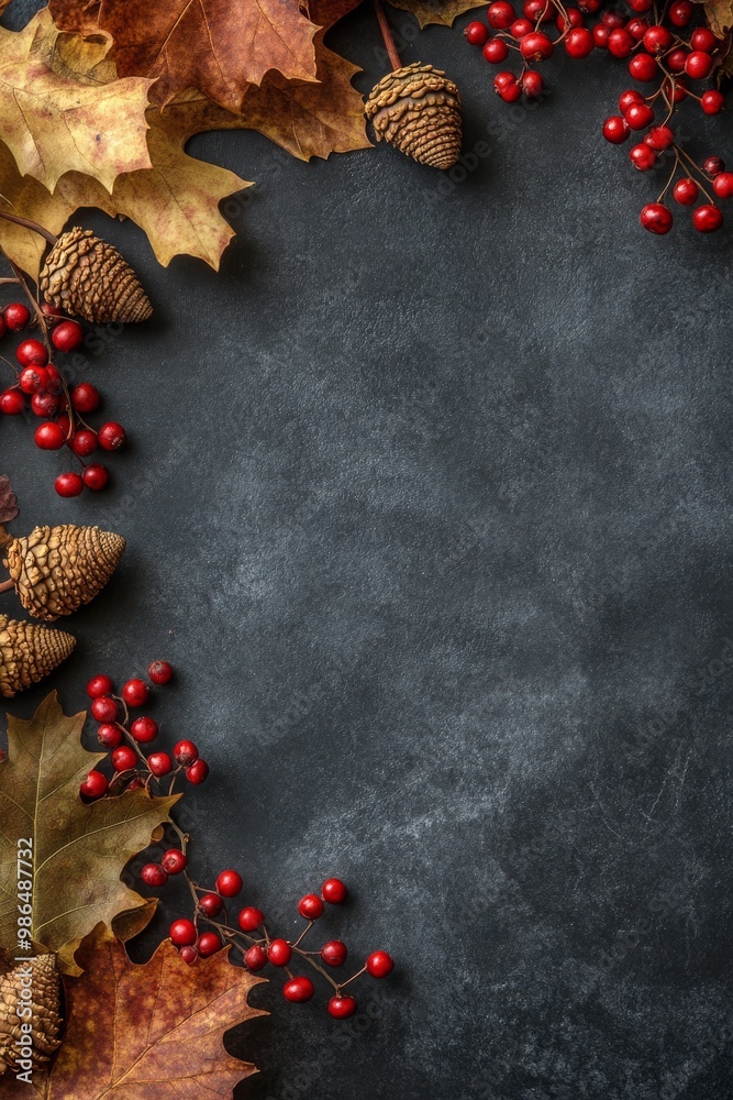 Autumn decorations featuring acorns and red berries on a dark surface for seasonal inspiration Autumn decorations featuring acorns and red berries on a dark surface for seasonal inspiration