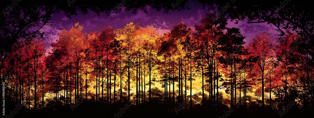 Fototapeta premium Silhouetted Trees Against a Vibrant Sunset Sky