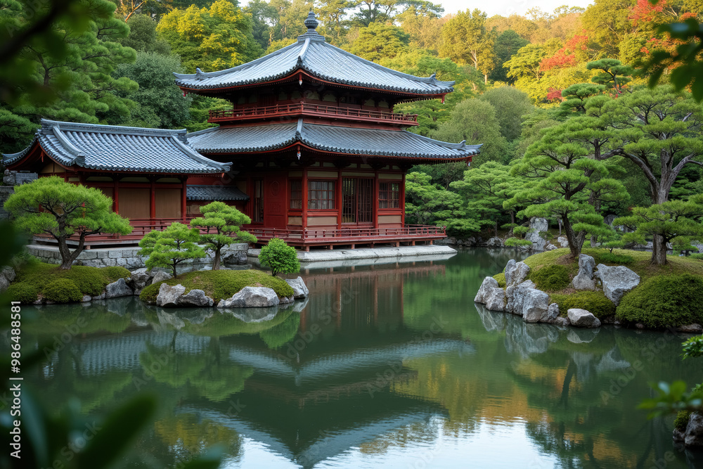 塔と池のある静かな日本庭園 塔と池のある静かな日本庭園