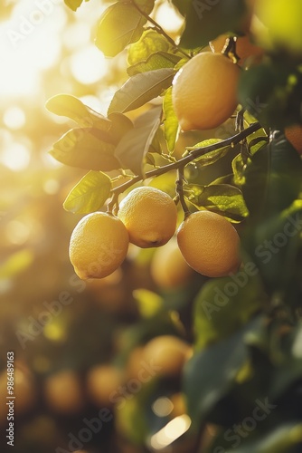 Fresh lemons hanging on a tree branch bathed in warm sunlight during a sunny afternoon photo