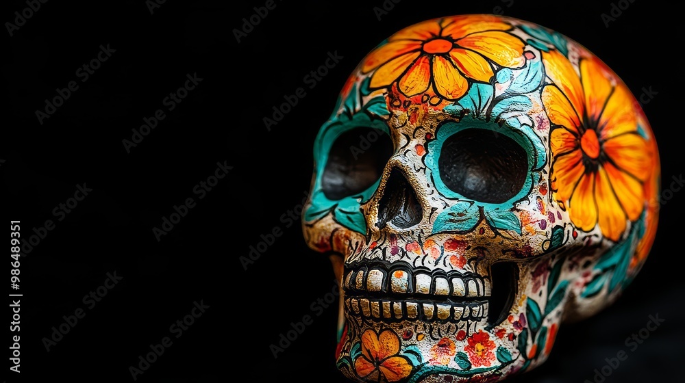Skull decorated for the day of the dead with black background and in oblique view with copy space. 